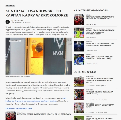 Okladka artykulu Eurosportu o kriokomorze Roberta Lewandowskiego